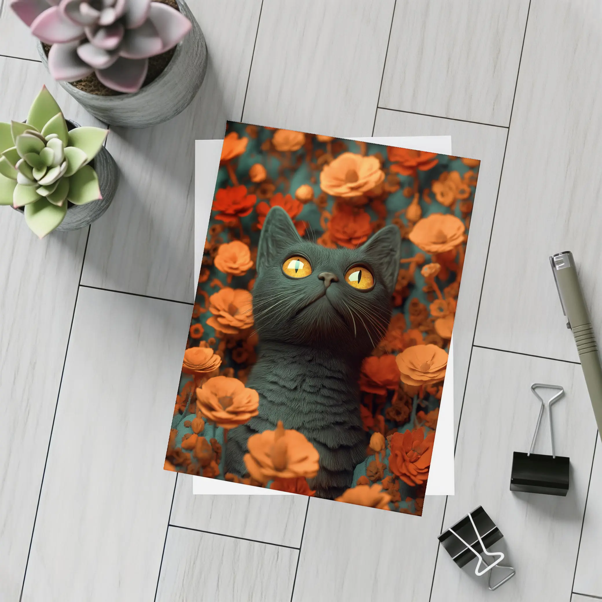 Dark Cat Golden Eyes Orange Flowers – Postcards