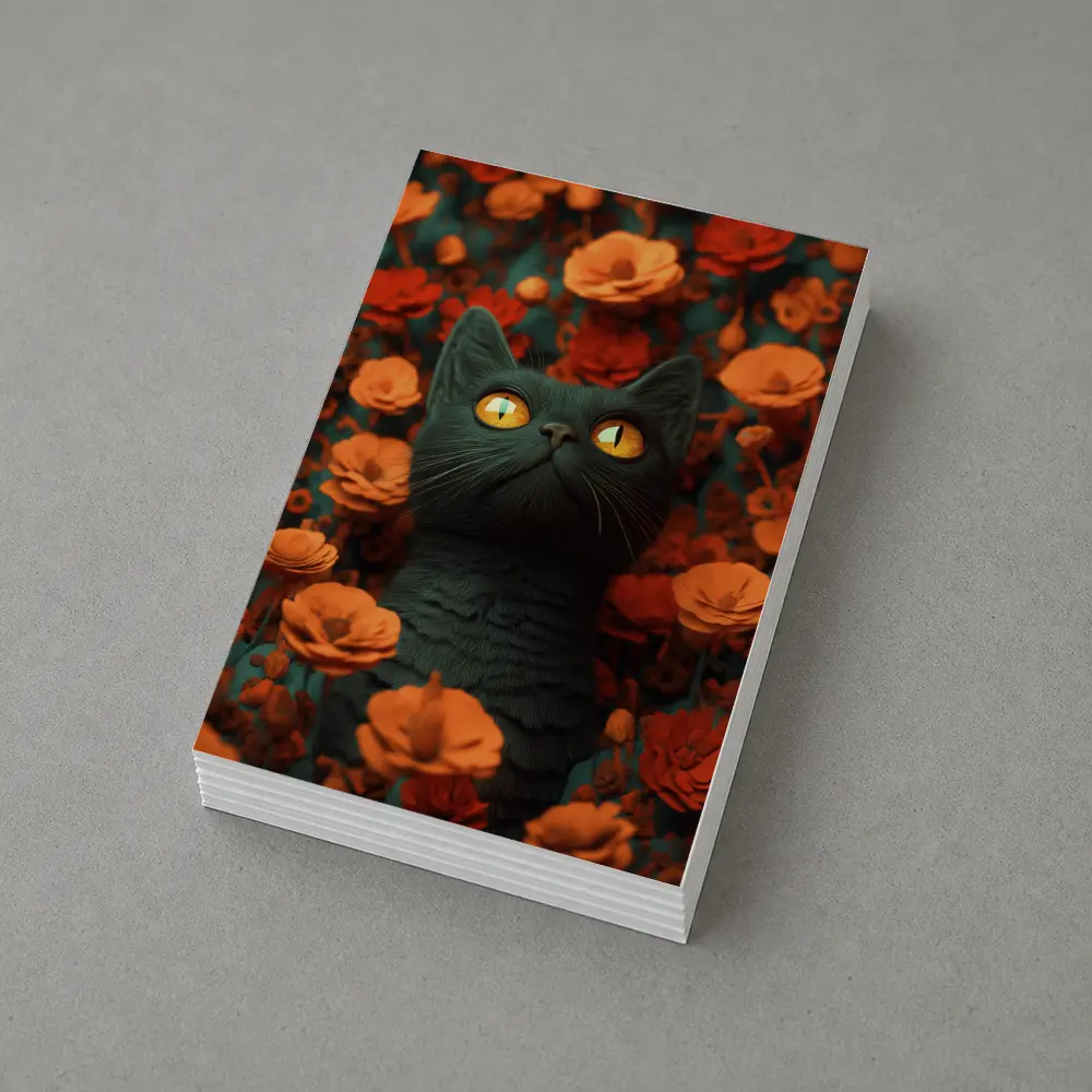 Dark Cat Golden Eyes Orange Flowers – Postcards