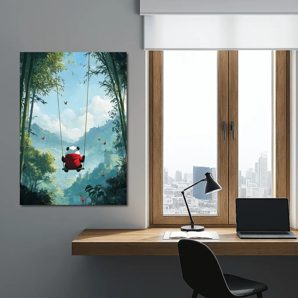 Panda on Swing Bamboo Forest Fantasy – Wall Art