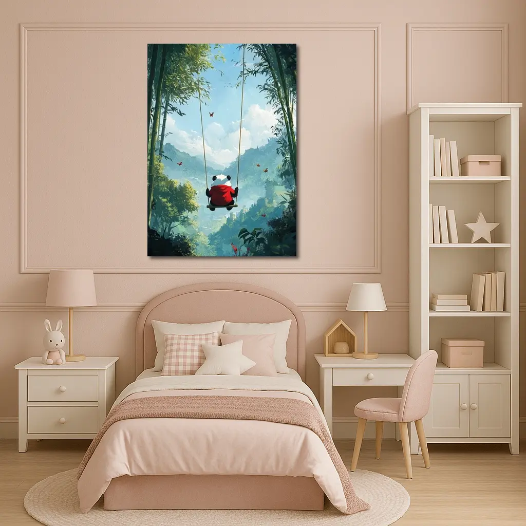 Panda on Swing Bamboo Forest Fantasy – Wall Art