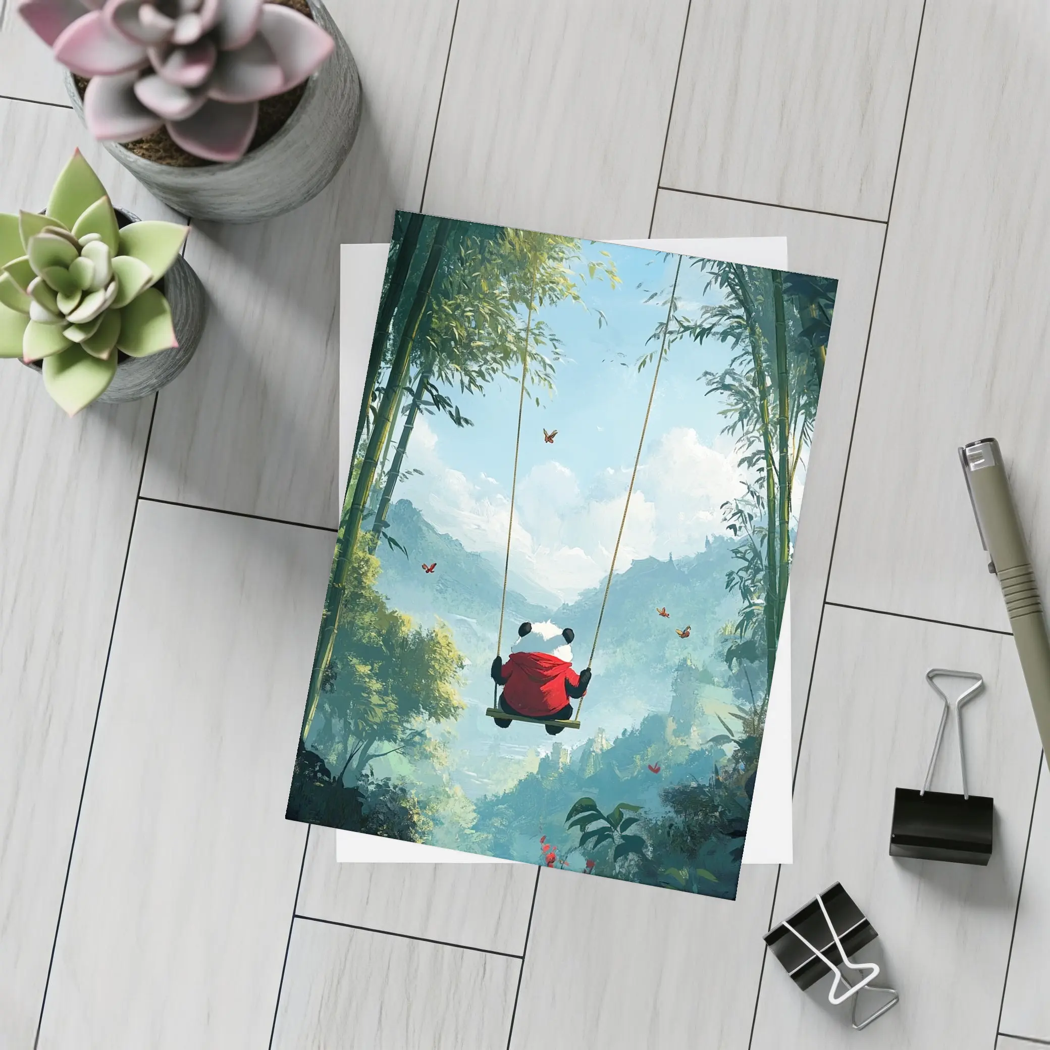 Panda on Swing Bamboo Forest Fantasy – Postcards