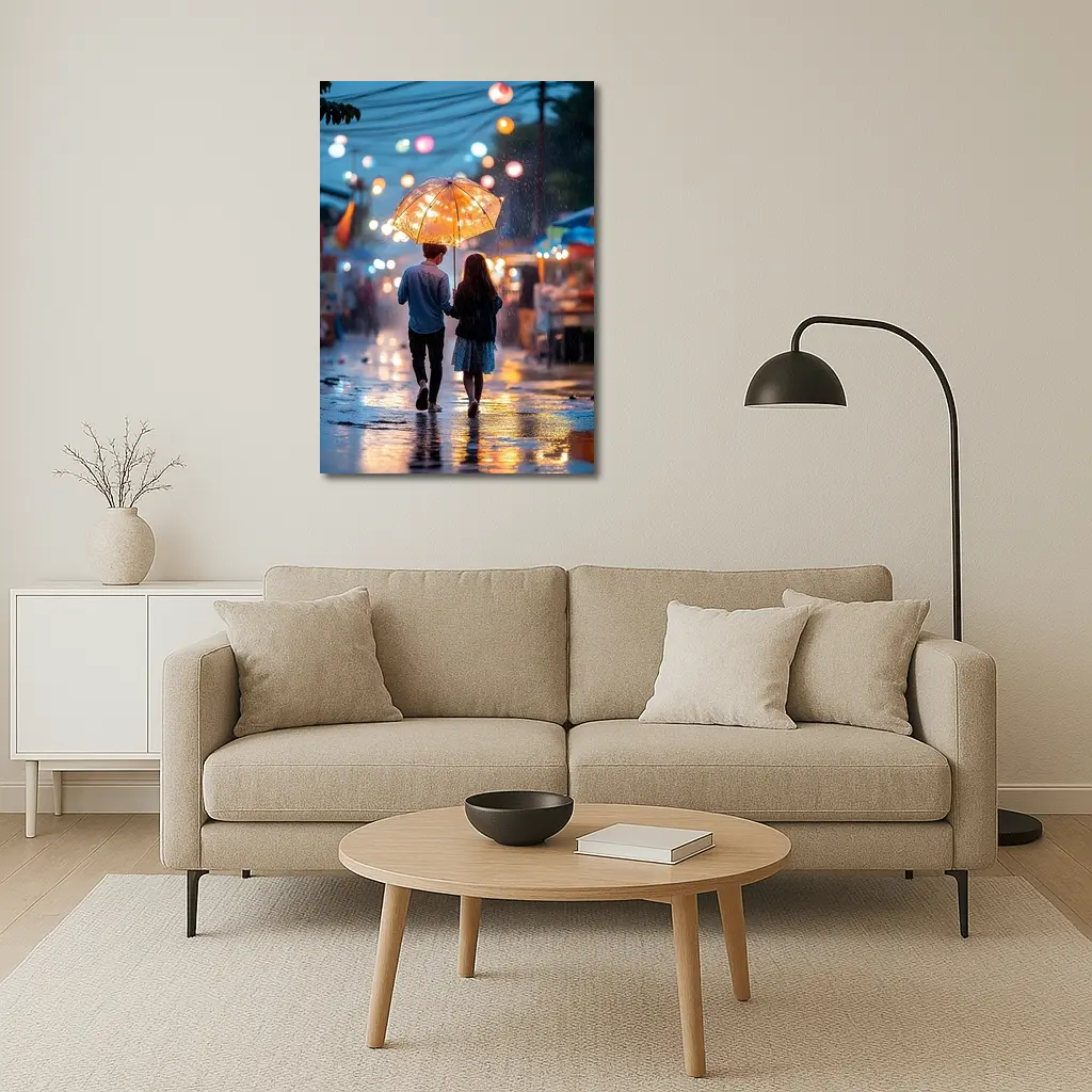 Couple Walking Rain Glowing Street Lights – Wall Art