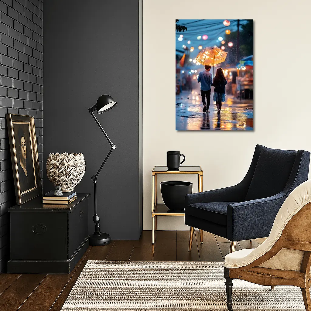Couple Walking Rain Glowing Street Lights – Wall Art