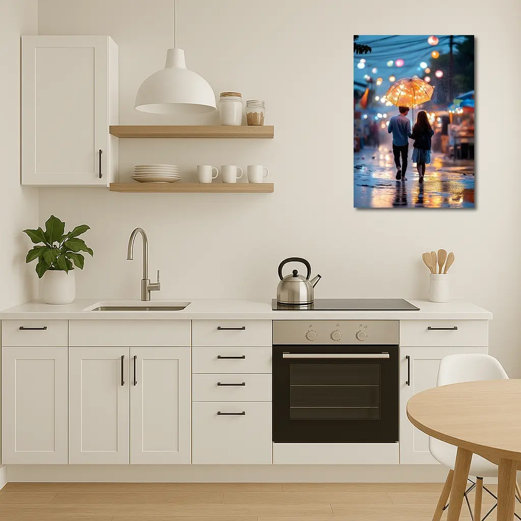 Couple Walking Rain Glowing Street Lights – Wall Art