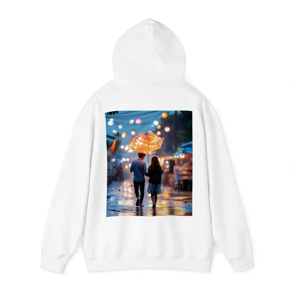 Couple Walking Rain Glowing Street Lights – Hoodies