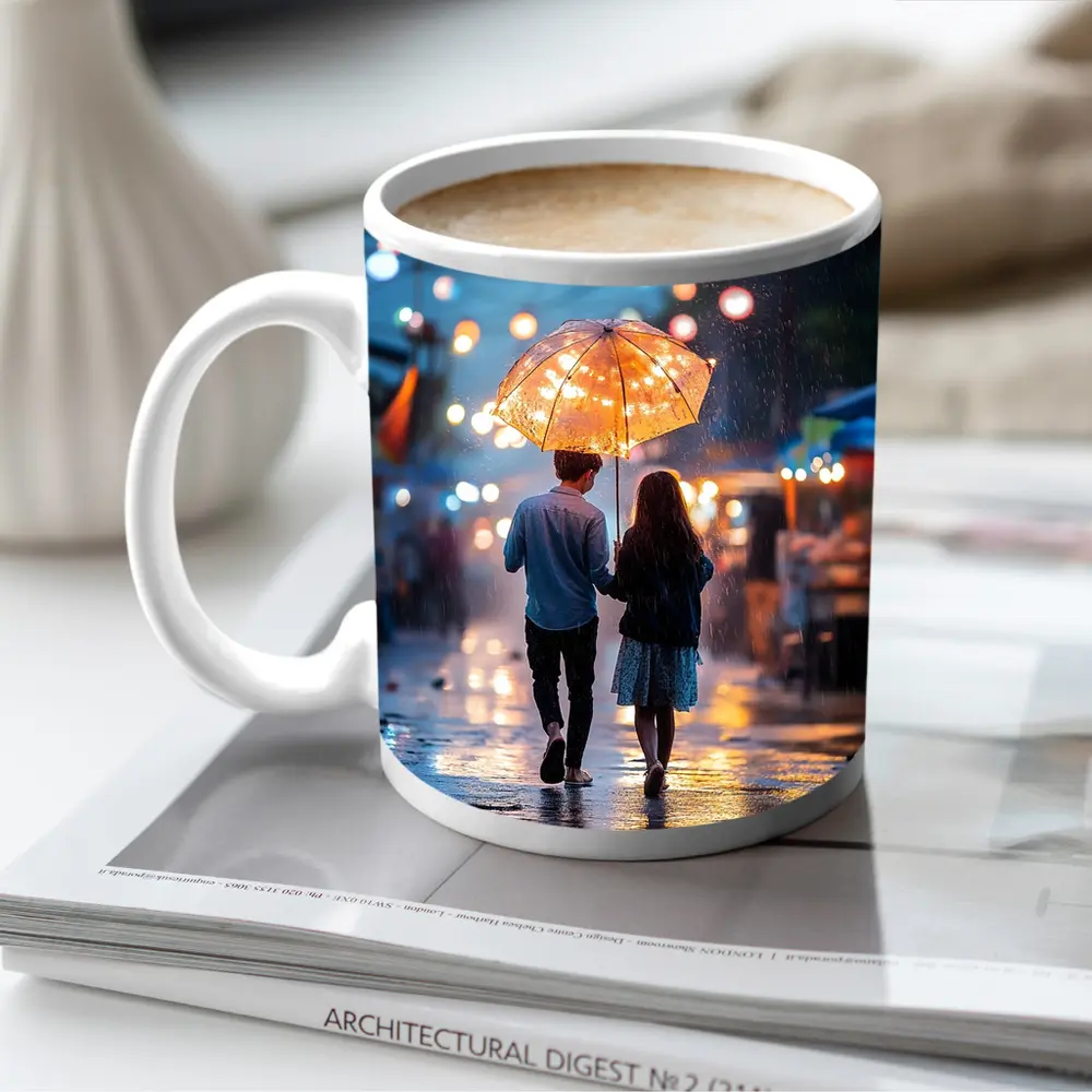 Couple Walking Rain Glowing Street Lights – Mugs