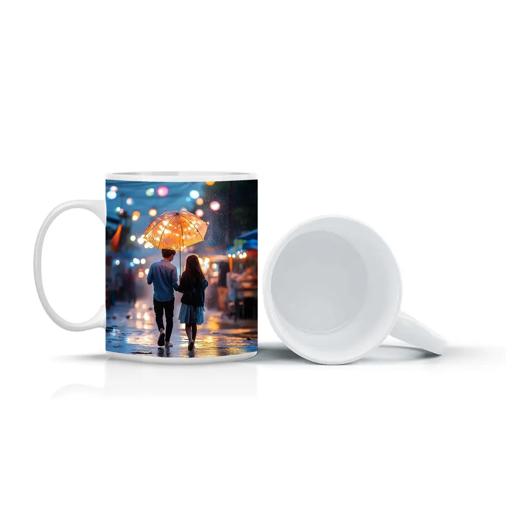 Couple Walking Rain Glowing Street Lights – Mugs