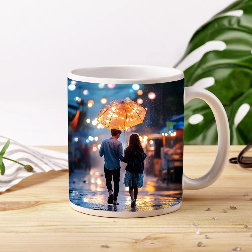 Couple Walking Rain Glowing Street Lights – Mugs