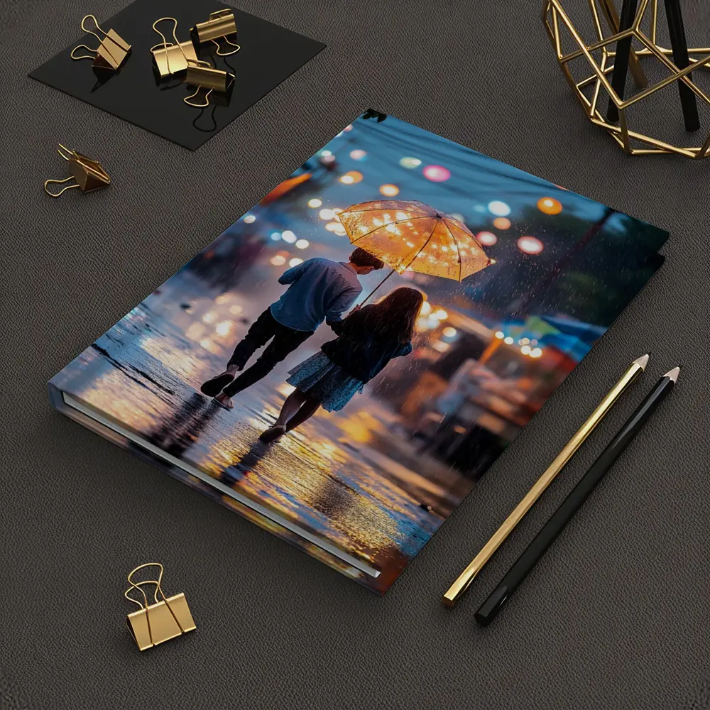 Couple Walking Rain Glowing Street Lights – Notebooks