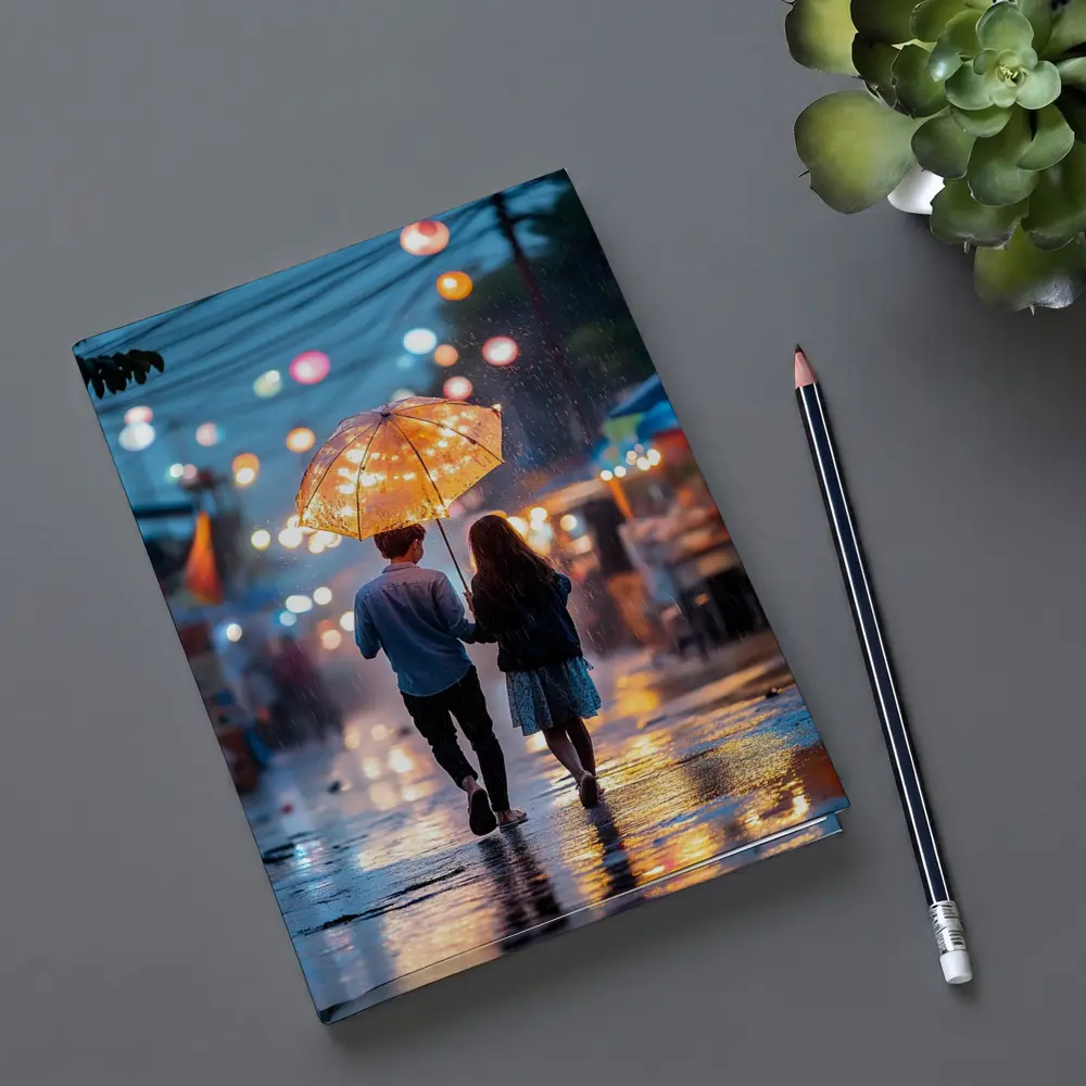 Couple Walking Rain Glowing Street Lights – Notebooks