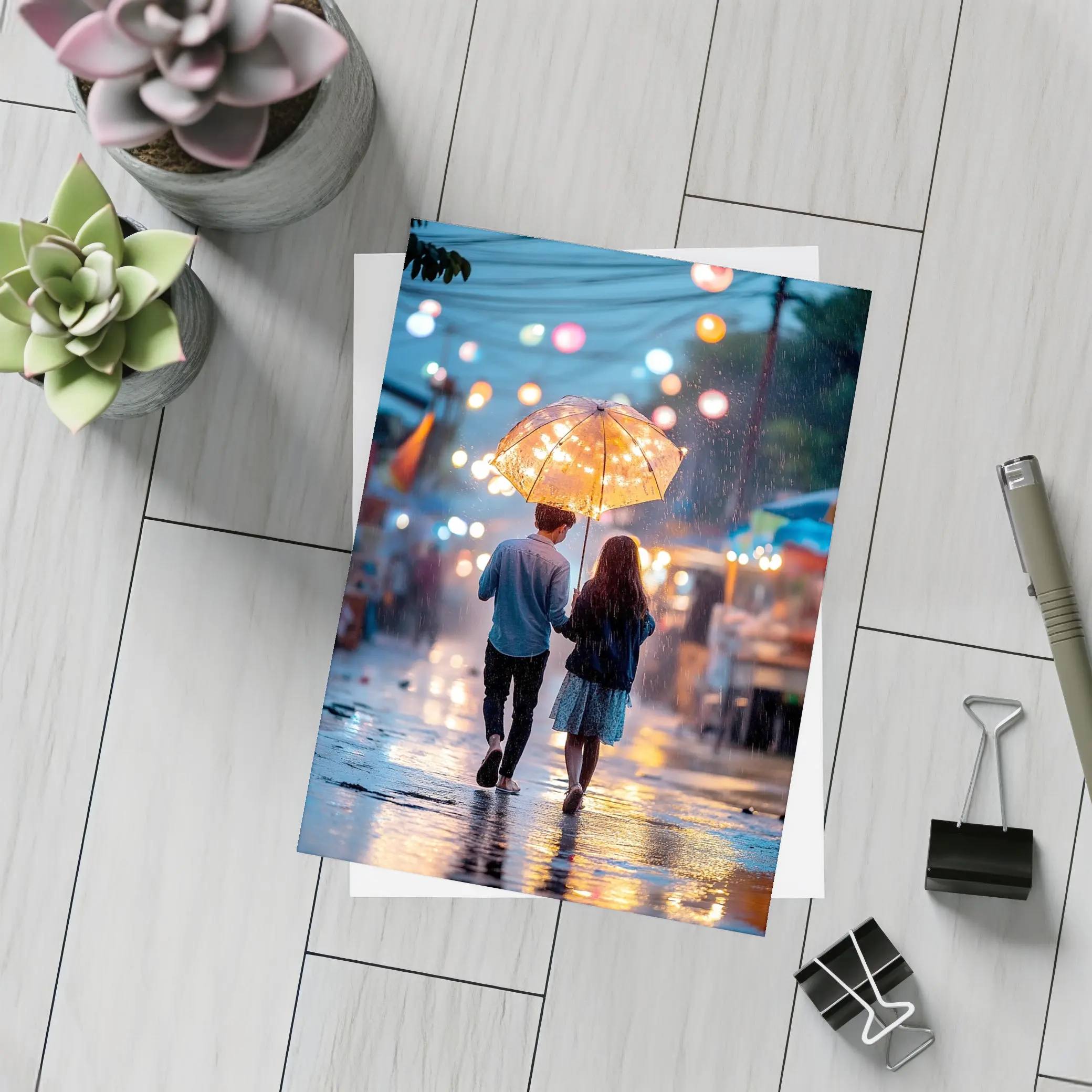 Couple Walking Rain Glowing Street Lights – Postcards