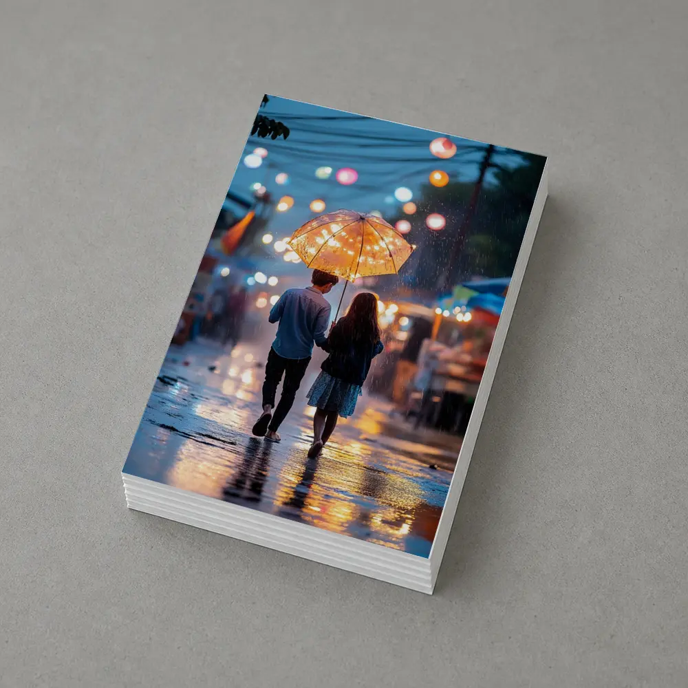 Couple Walking Rain Glowing Street Lights – Postcards