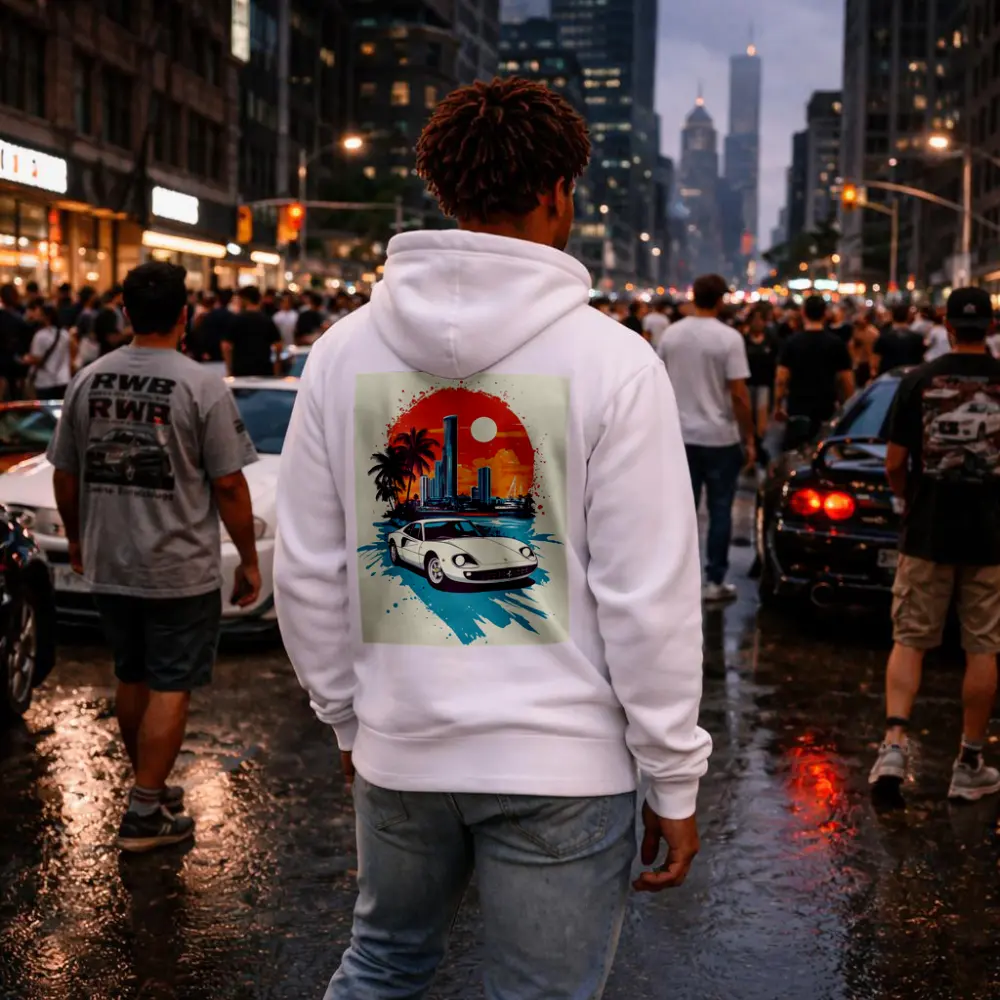 Ferrari Classic Car Miami Sunset Skyline – Hoodies