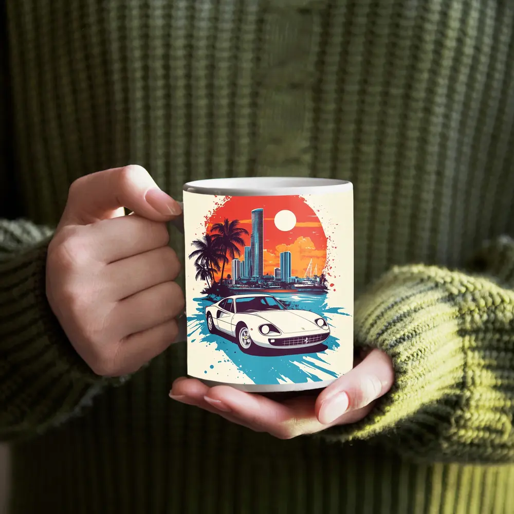 Ferrari Classic Car Miami Sunset Skyline – Mugs