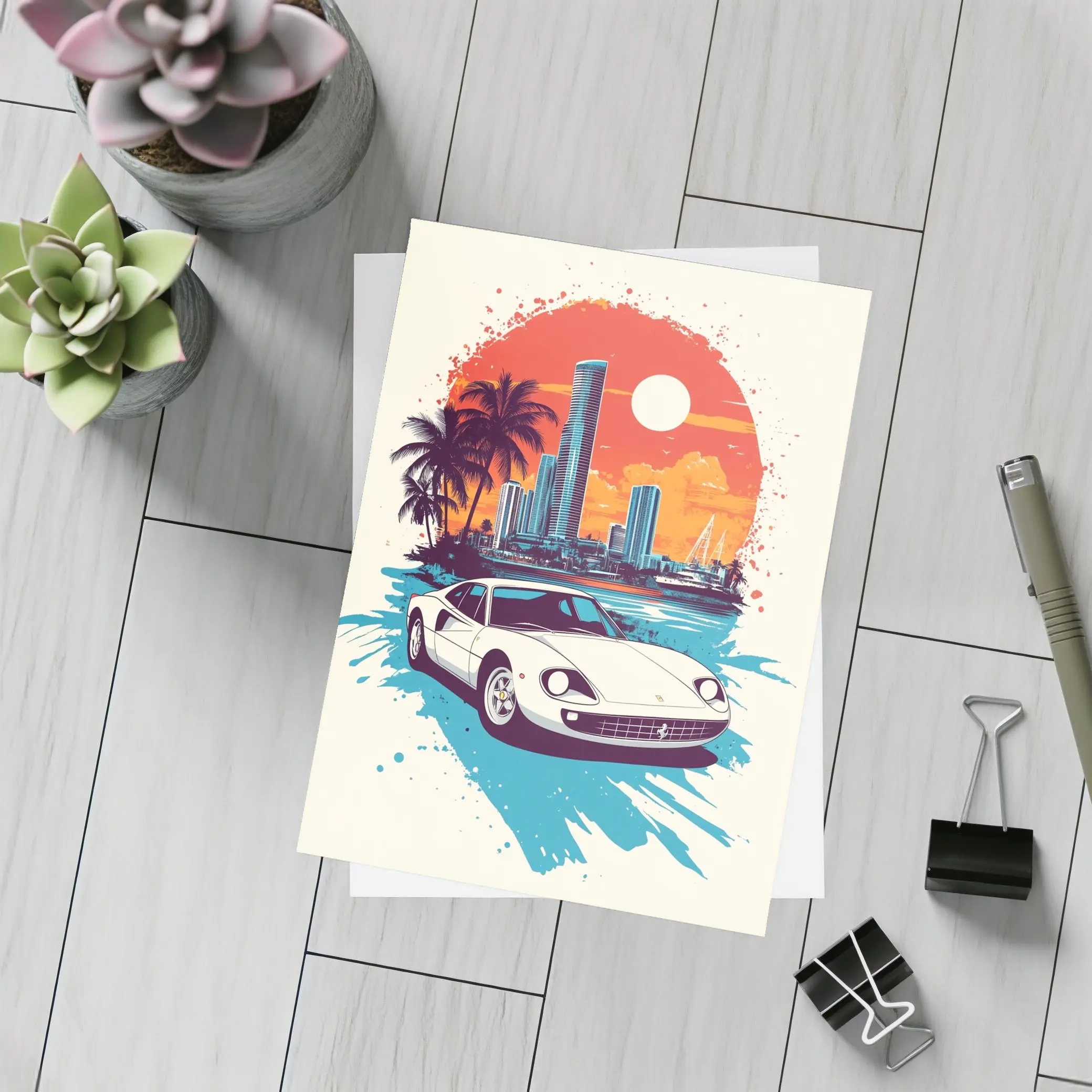 Ferrari Classic Car Miami Sunset Skyline – Postcards