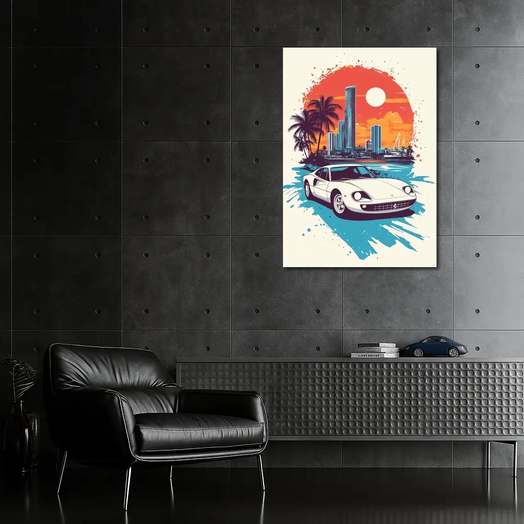 Ferrari Classic Car Miami Sunset Skyline – Wall Art