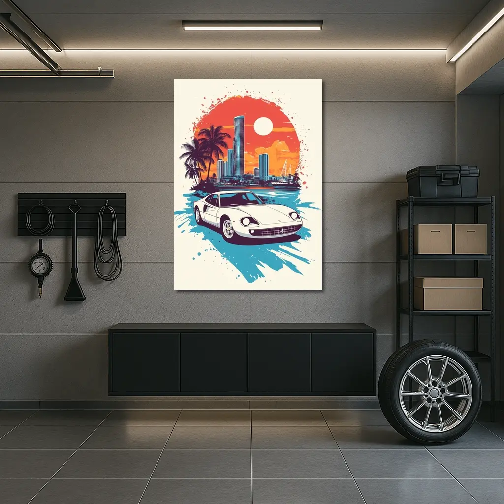 Ferrari Classic Car Miami Sunset Skyline – Wall Art