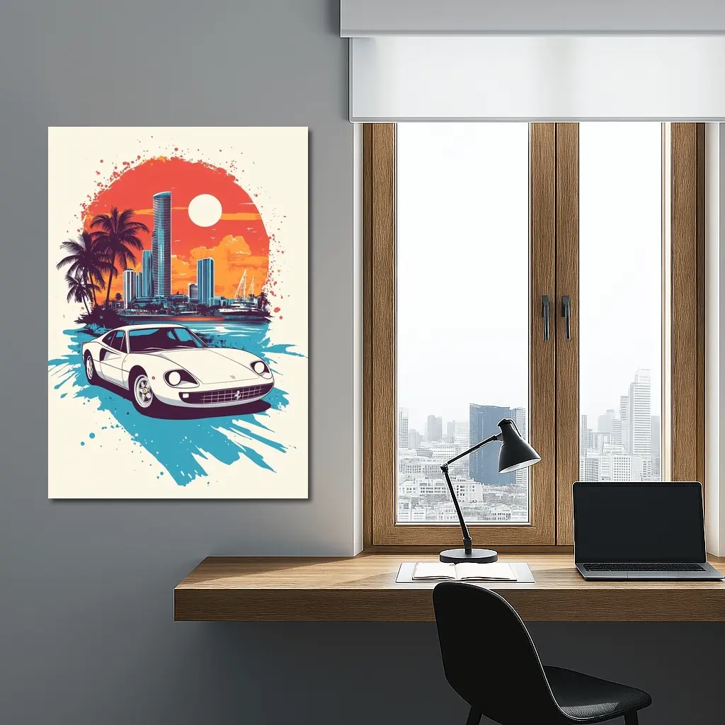 Ferrari Classic Car Miami Sunset Skyline – Wall Art