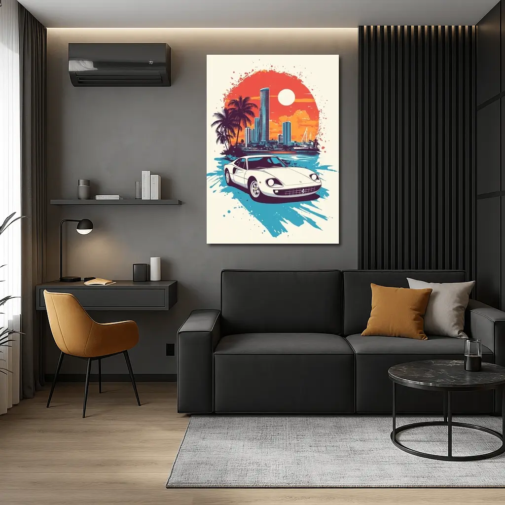 Ferrari Classic Car Miami Sunset Skyline – Wall Art