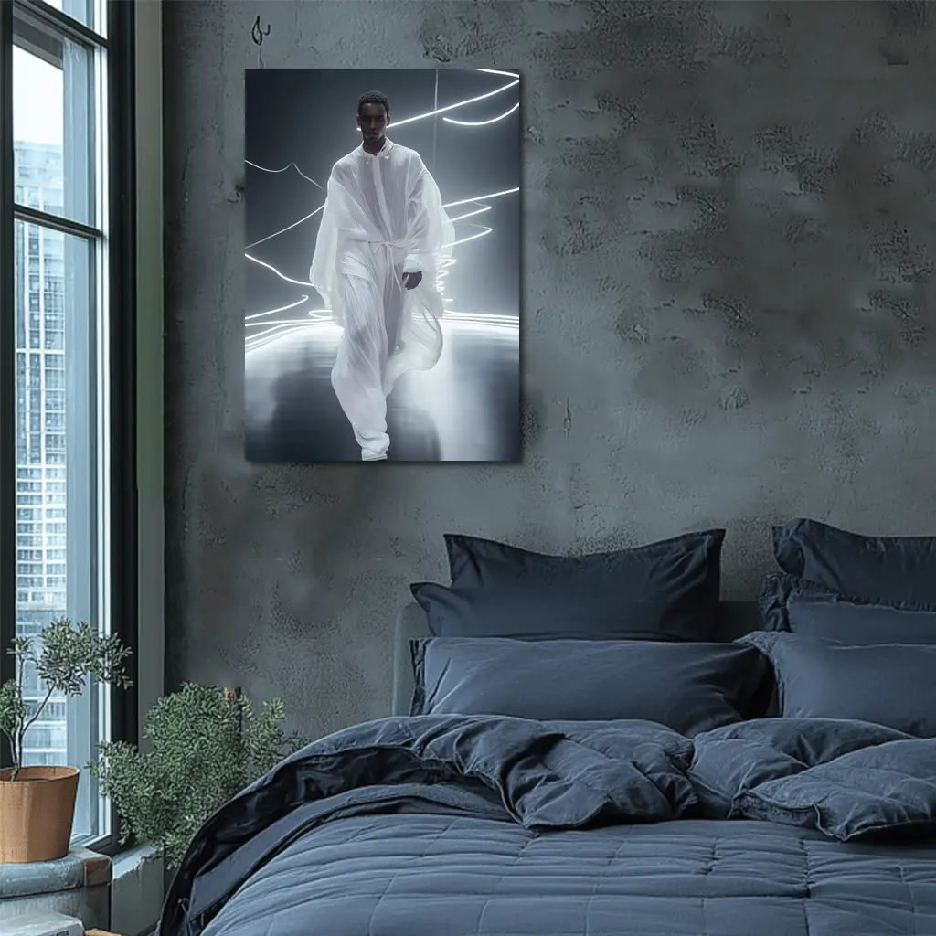 Man White Flowing Robes Neon Light Stage – Wall Art