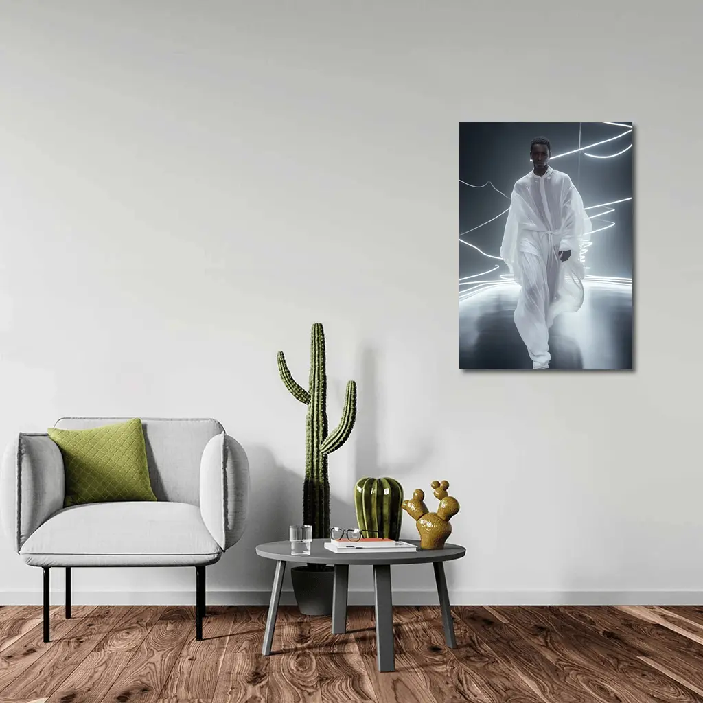 Man White Flowing Robes Neon Light Stage – Wall Art