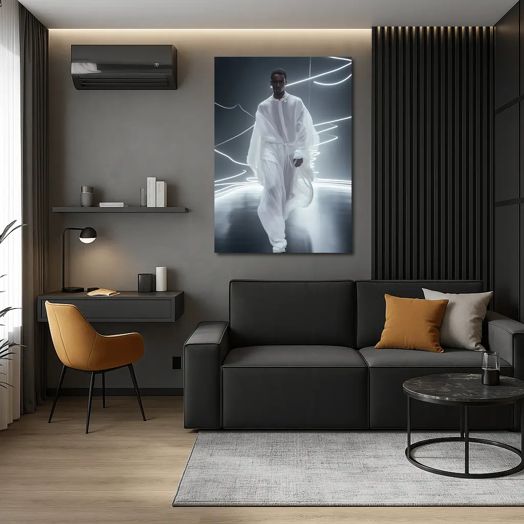 Man White Flowing Robes Neon Light Stage – Wall Art