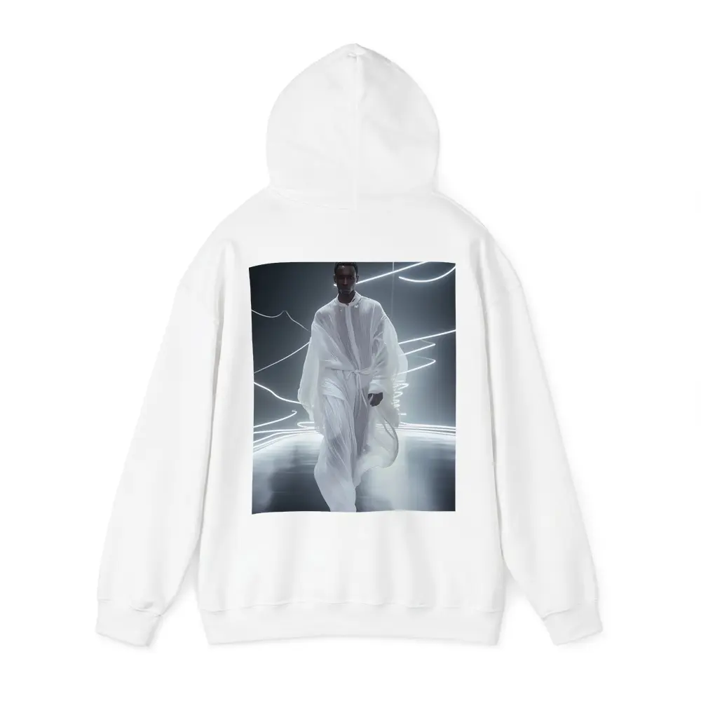 Man White Flowing Robes Neon Light Stage – Hoodies