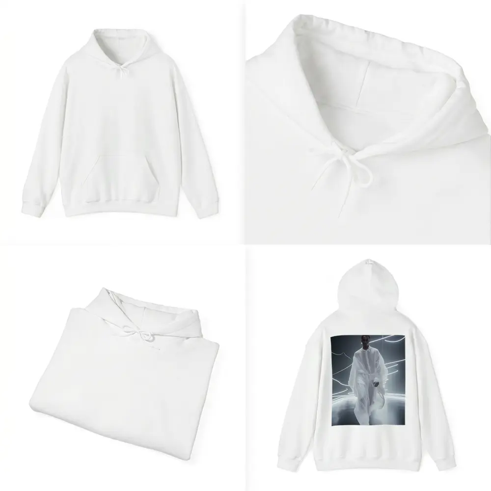 Man White Flowing Robes Neon Light Stage – Hoodies