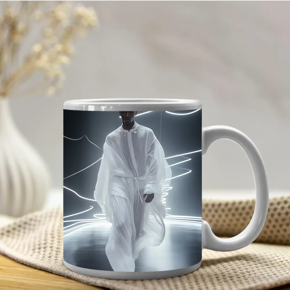 Man White Flowing Robes Neon Light Stage – Mugs