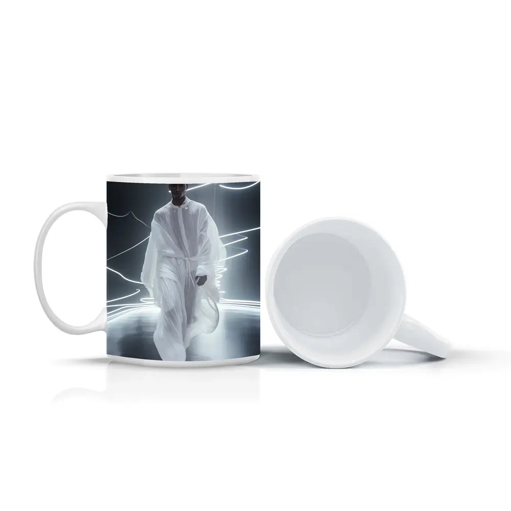 Man White Flowing Robes Neon Light Stage – Mugs