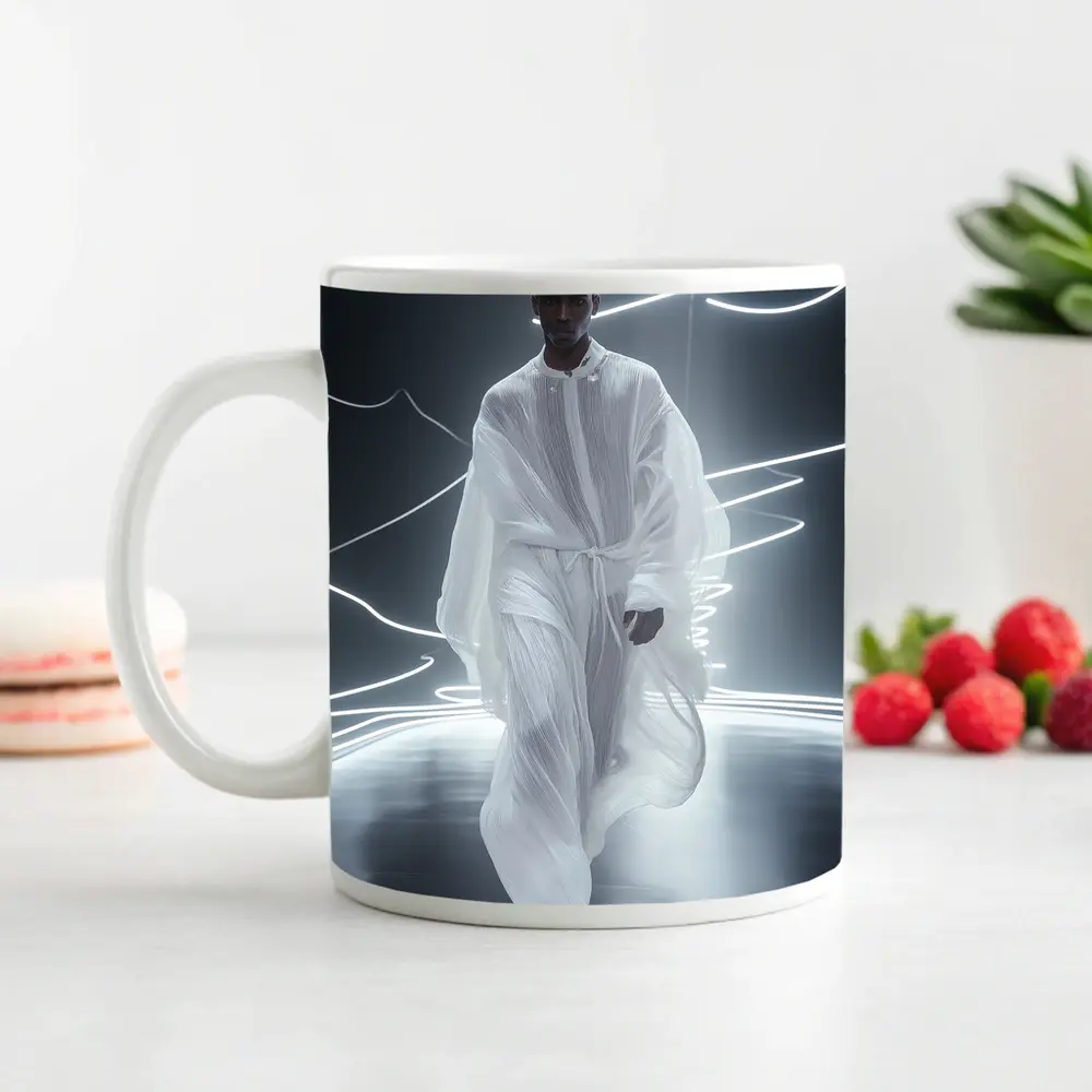 Man White Flowing Robes Neon Light Stage – Mugs