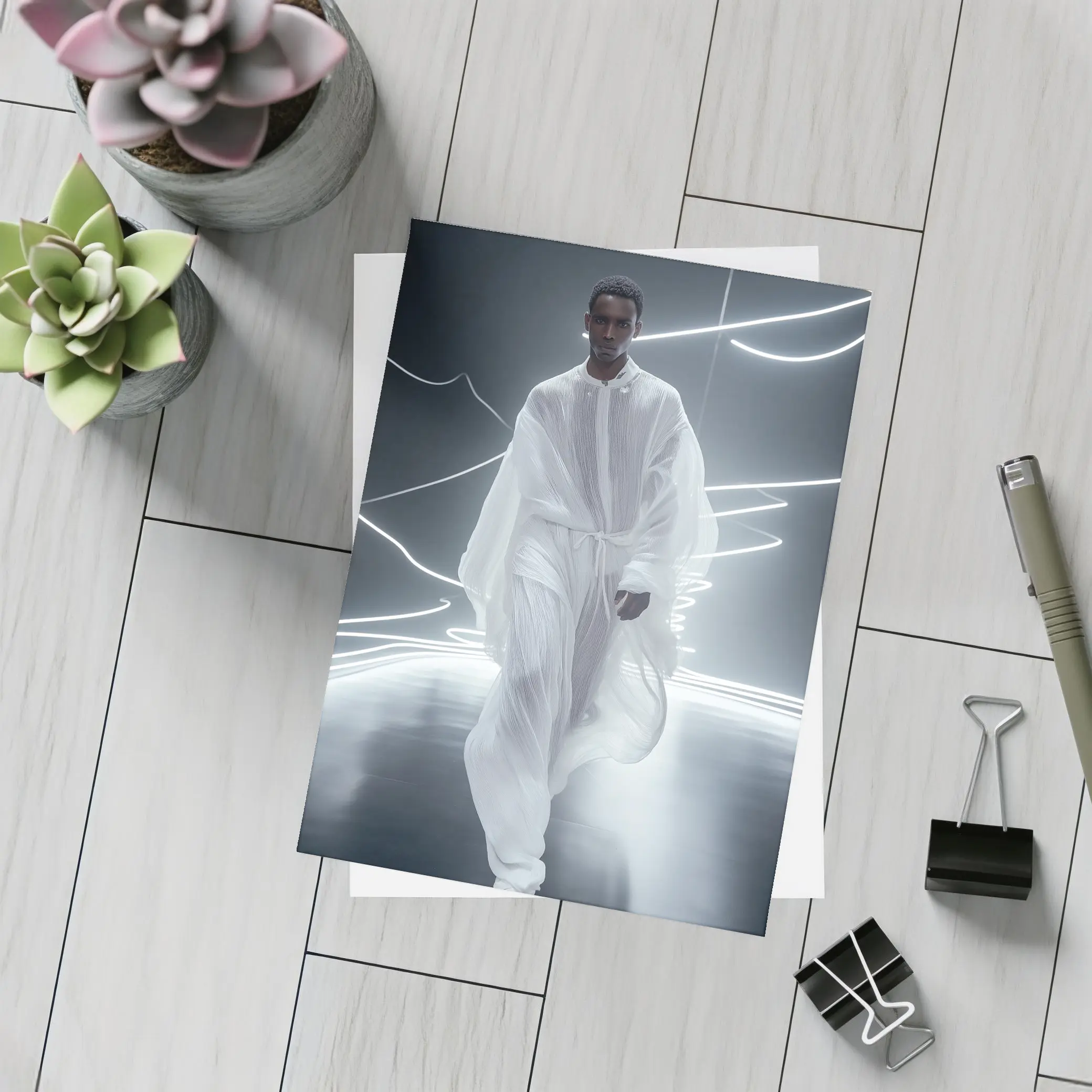 Man White Flowing Robes Neon Light Stage – Postcards