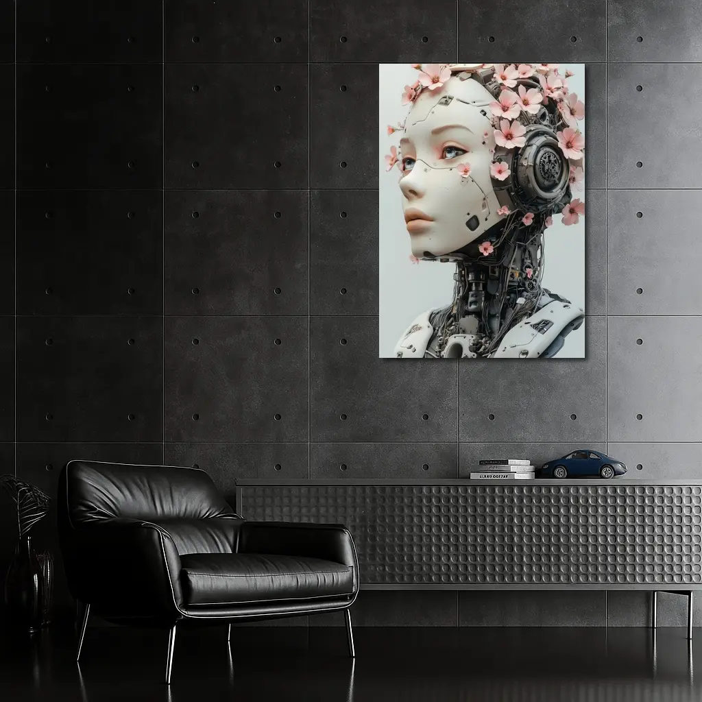 Floral Robot Woman Head White Background – Wall Art