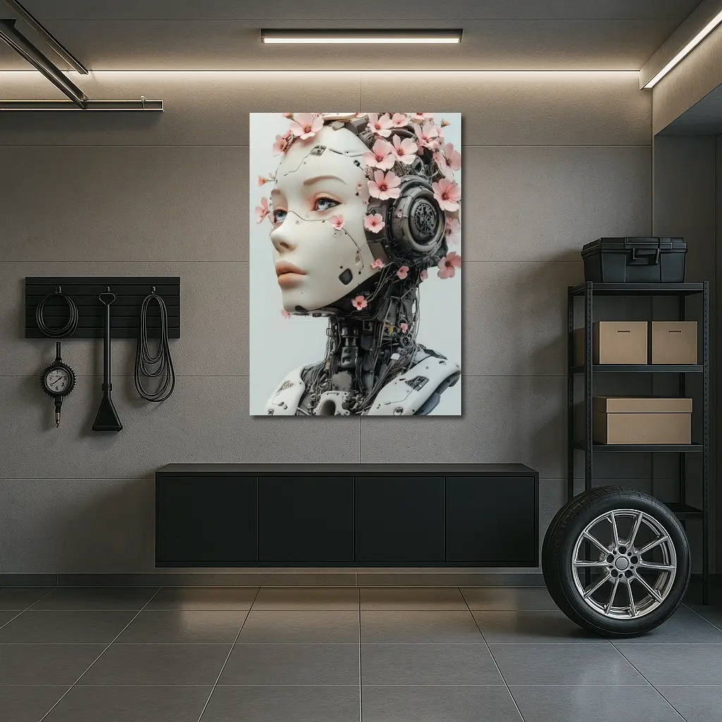 Floral Robot Woman Head White Background – Wall Art