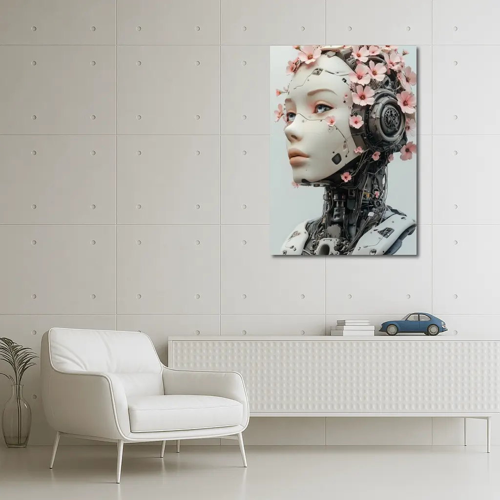 Floral Robot Woman Head White Background – Wall Art