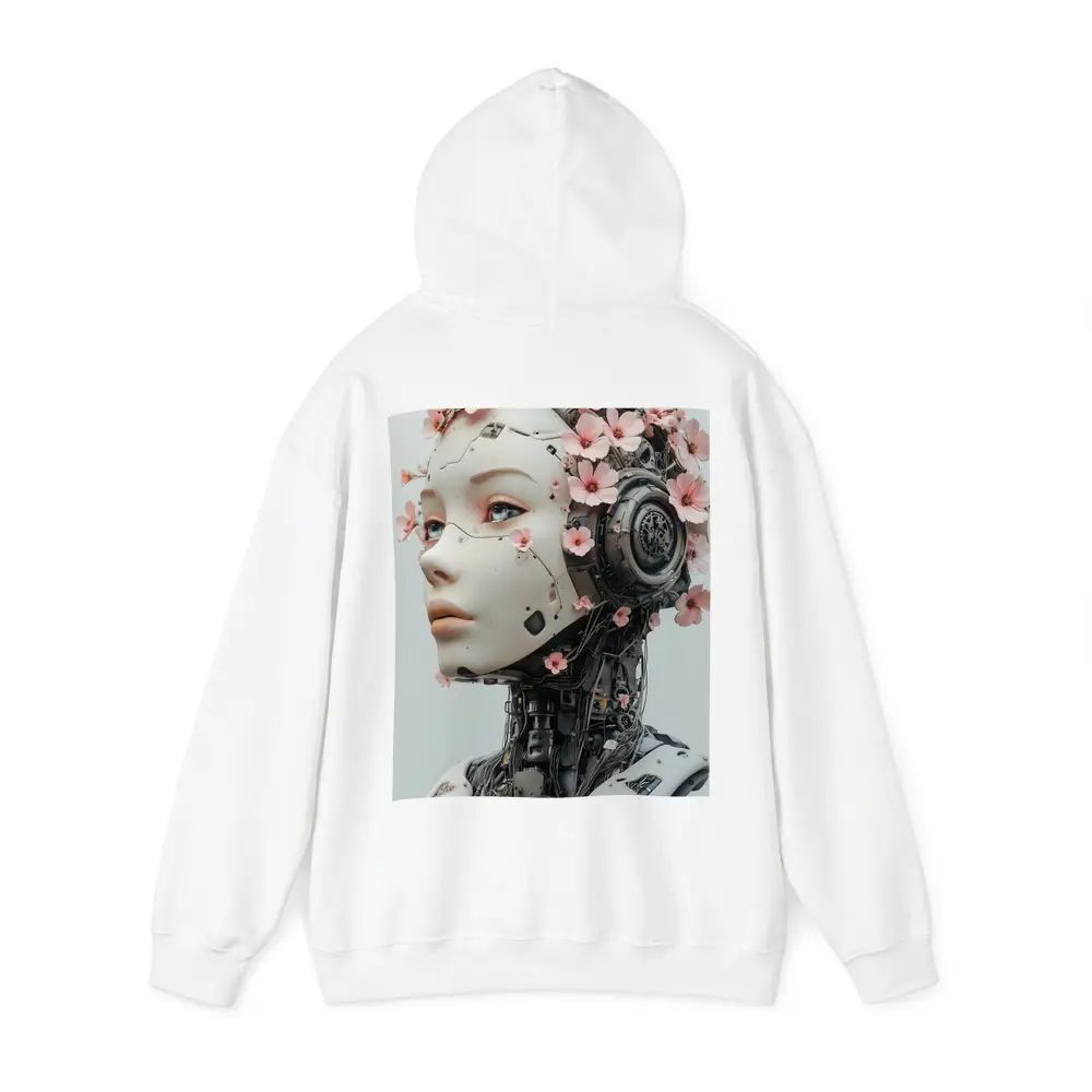 Floral Robot Woman Head White Background – Hoodies
