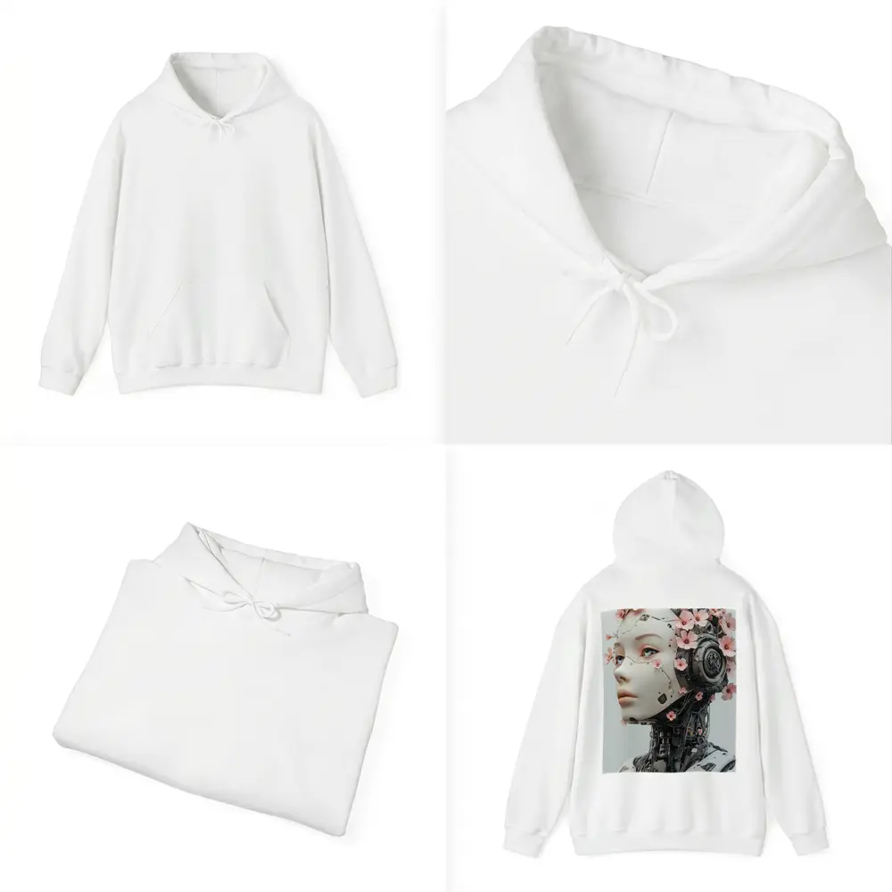 Floral Robot Woman Head White Background – Hoodies