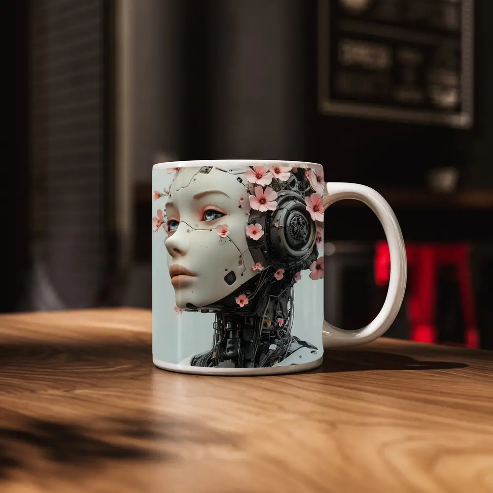 Floral Robot Woman Head White Background – Mugs