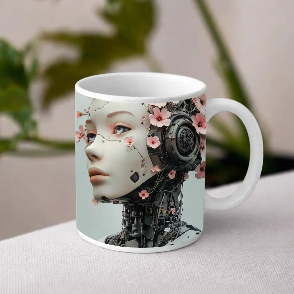 Floral Robot Woman Head White Background – Mugs