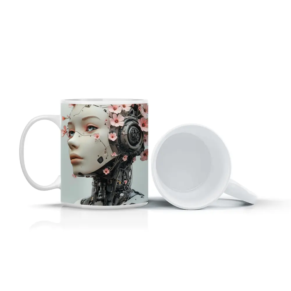 Floral Robot Woman Head White Background – Mugs