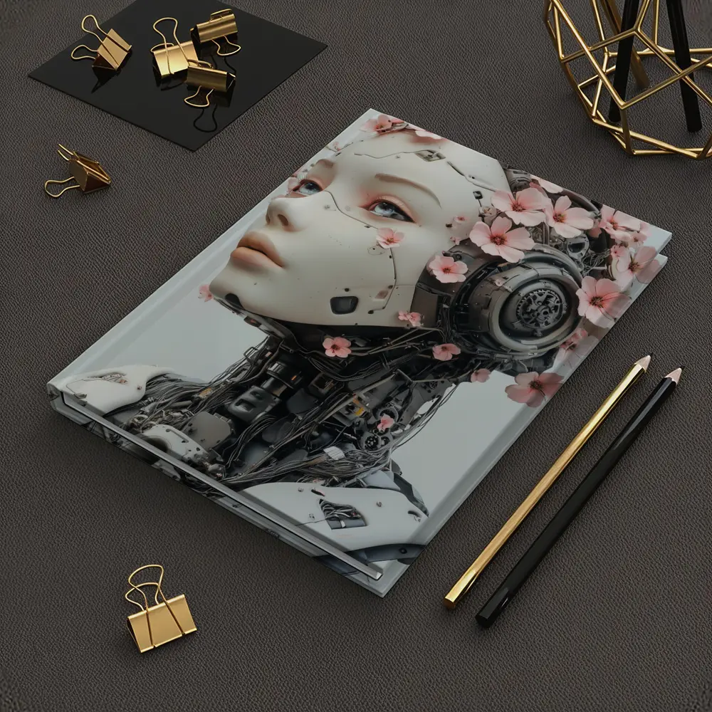 Floral Robot Woman Head White Background – Notebooks