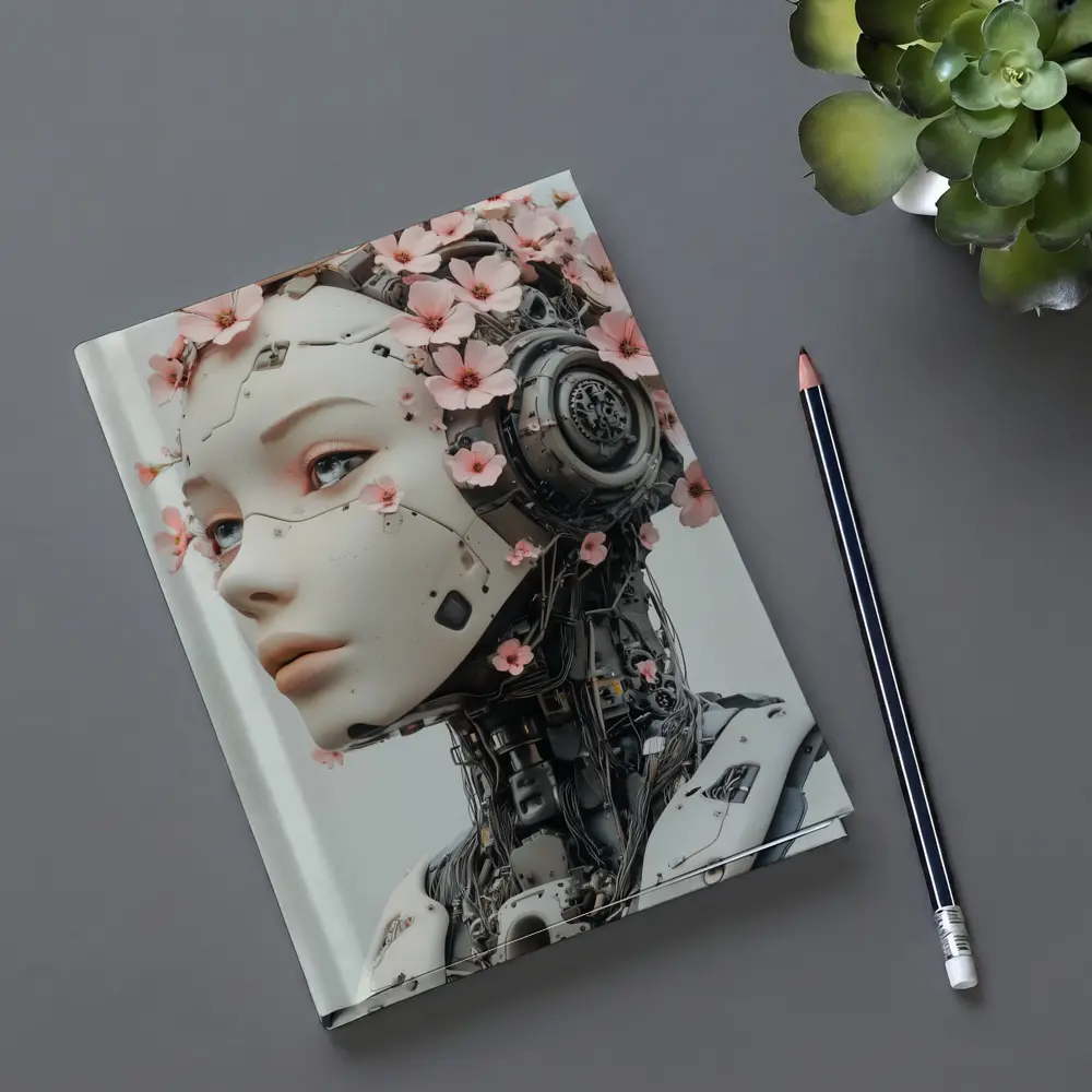 Floral Robot Woman Head White Background – Notebooks