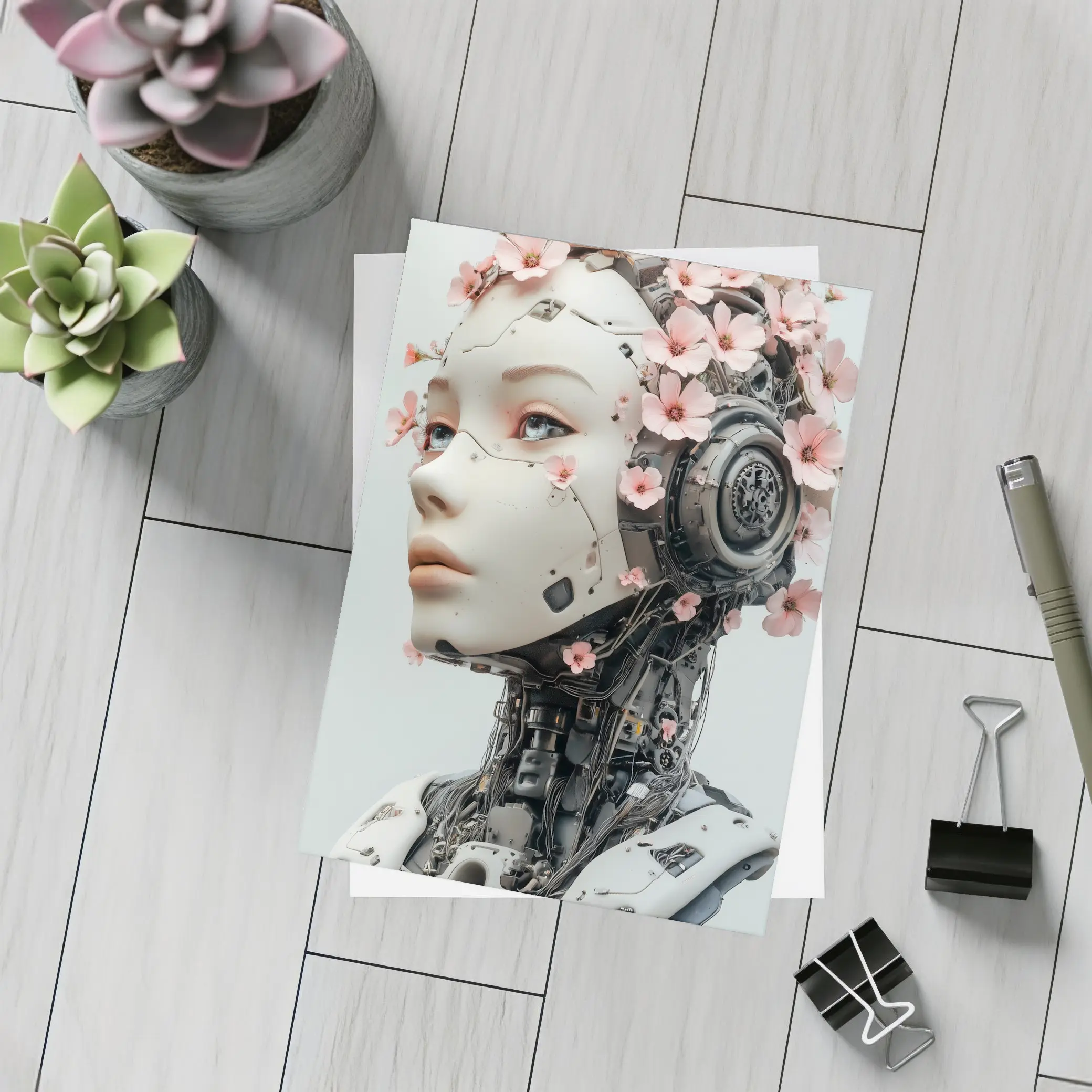 Floral Robot Woman Head White Background – Postcards