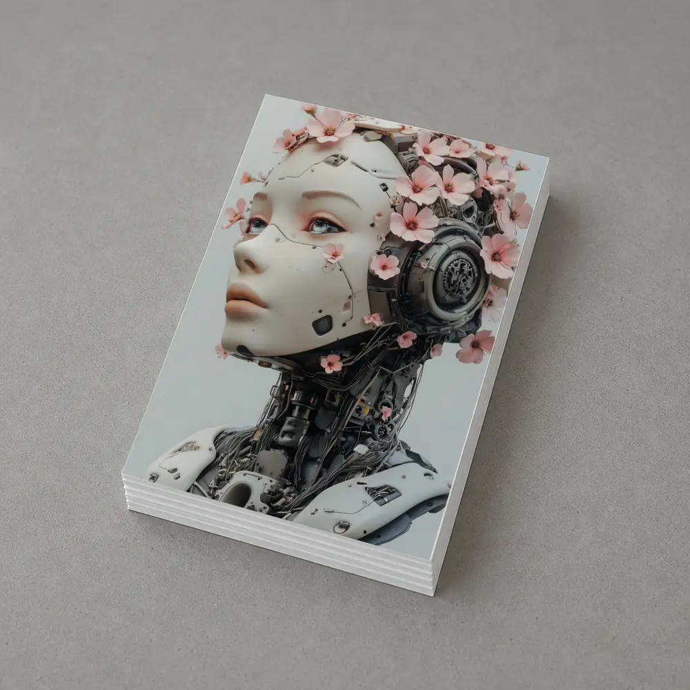 Floral Robot Woman Head White Background – Postcards