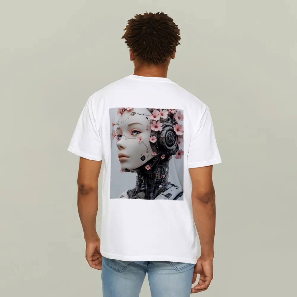 Floral Robot Woman Head White Background – T-Shirts