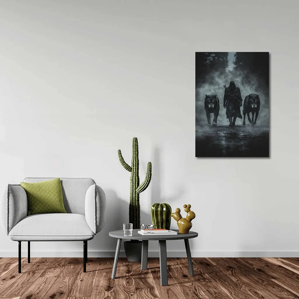 Hooded Figure Walking With Two Wolves – Wall Art