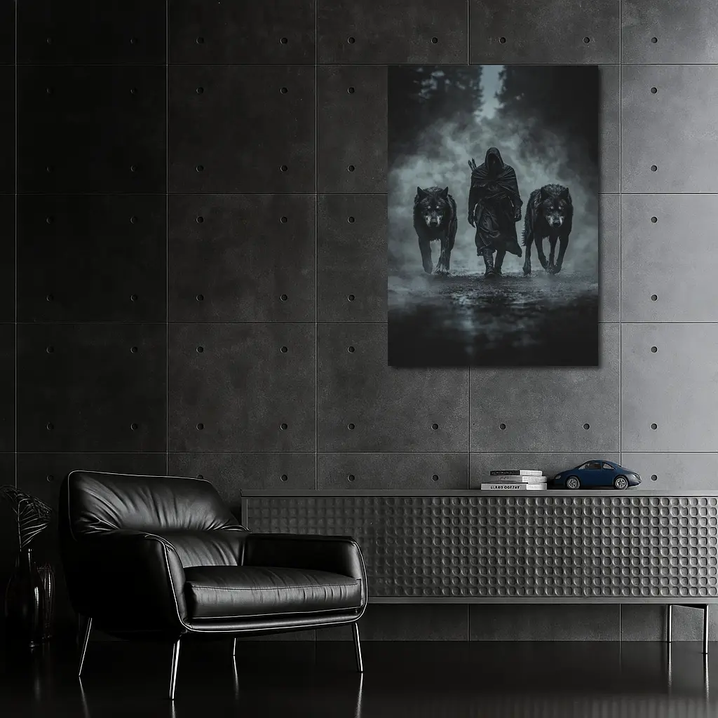 Hooded Figure Walking With Two Wolves – Wall Art