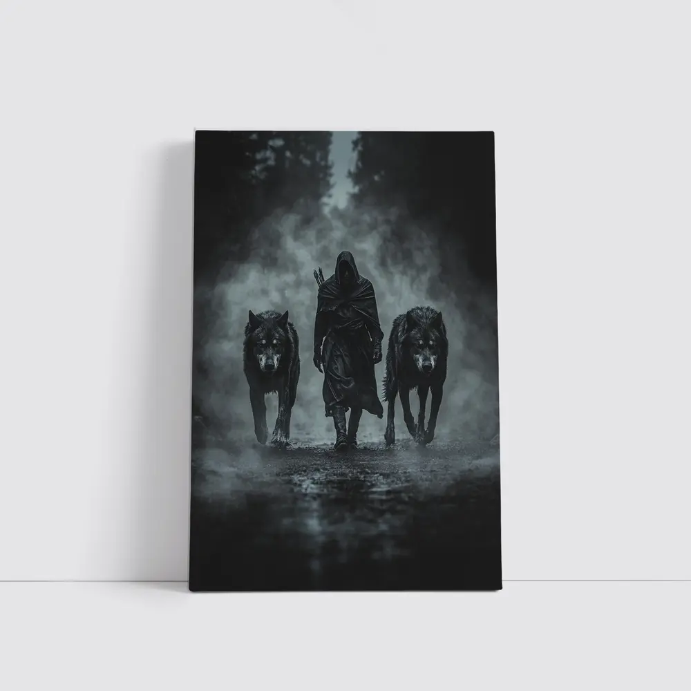 Hooded Figure Walking With Two Wolves – Wall Art