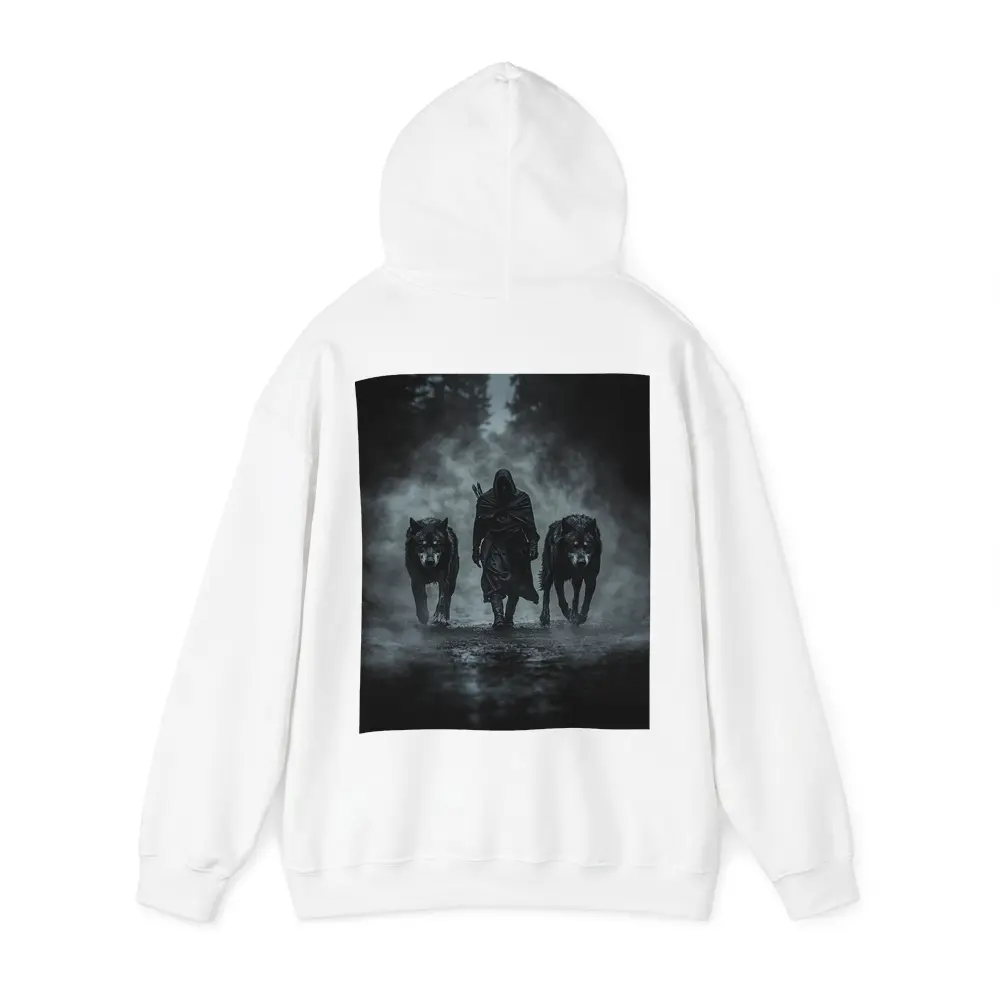 Hooded Figure Walking With Two Wolves – Hoodies