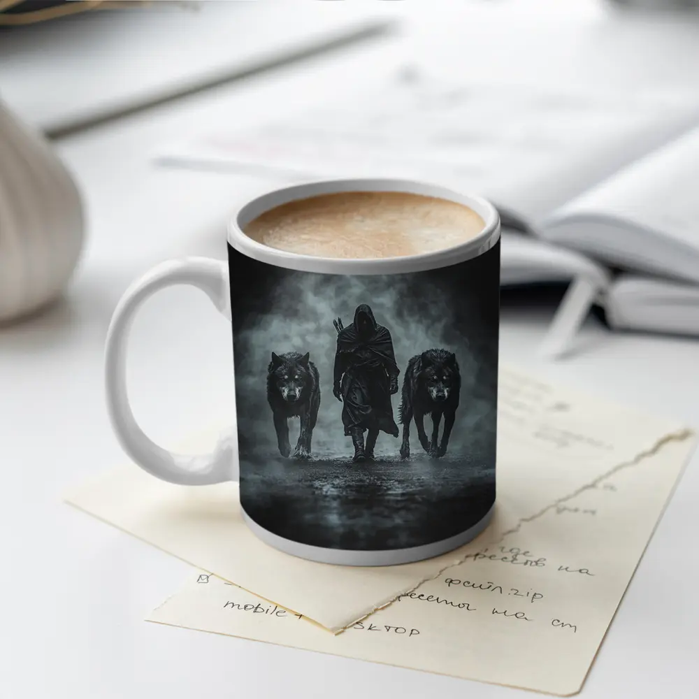Hooded Figure Walking With Two Wolves – Mugs